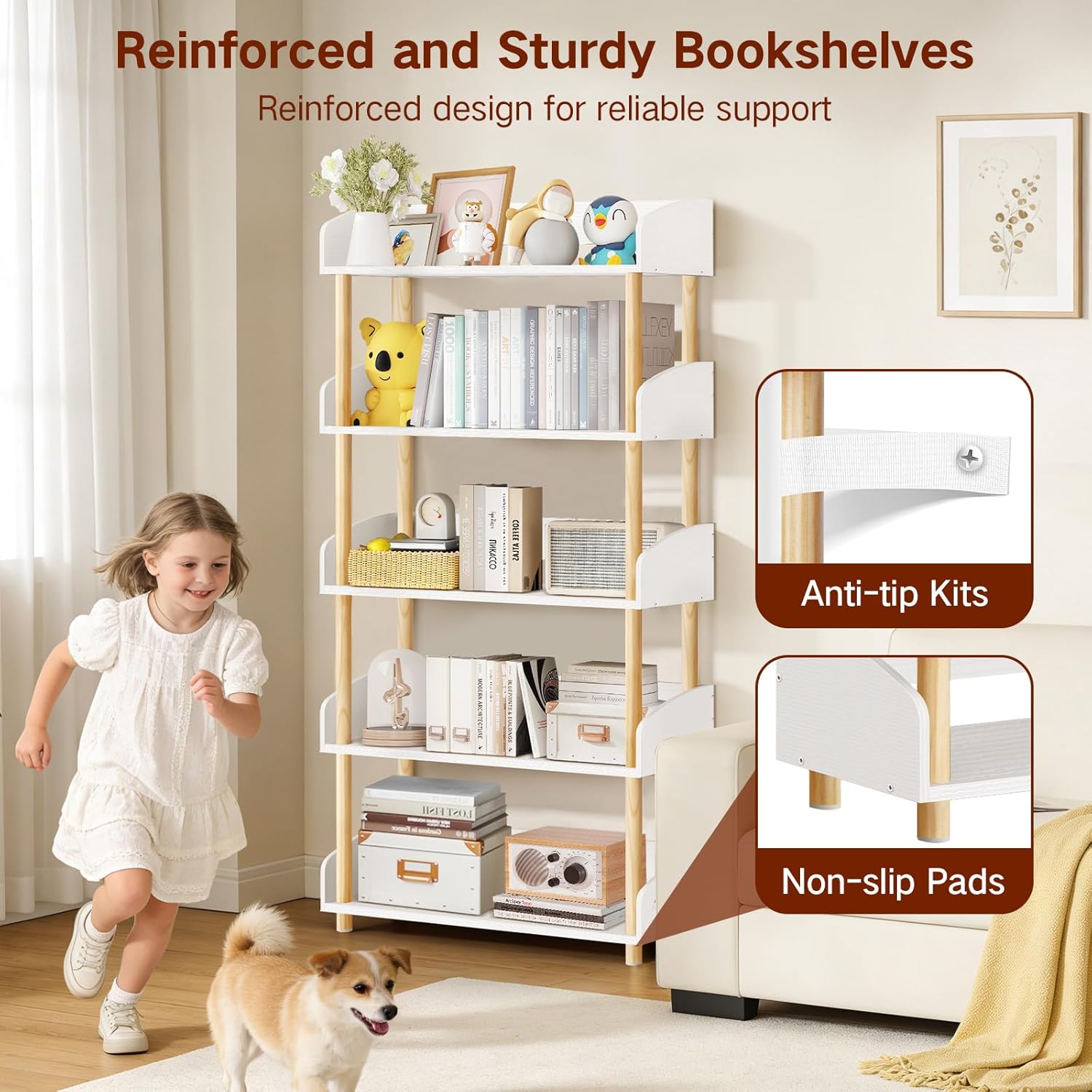 5-Tier Wooden Bookshelf, Modern Open Bookcase with Solid Wood Frame and Top Edge, Sturdy Freestanding Storage Organizer for Living Room, Bedroom, Home Office (White)