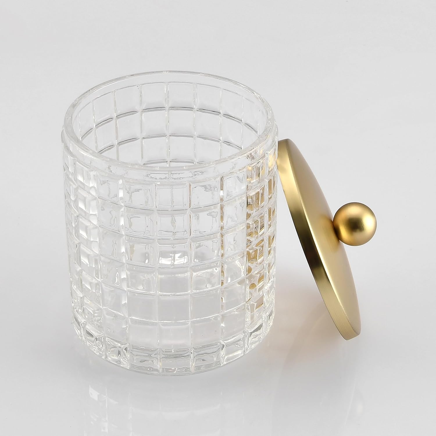 Clear Tranparent Apothecary Etched Geometric Grid Glass Jar W/Gold Metal Lid Cover for Bathroom Organization, Cotton Balls, Q Tips, and Small Accessories, Bathroom Storage
