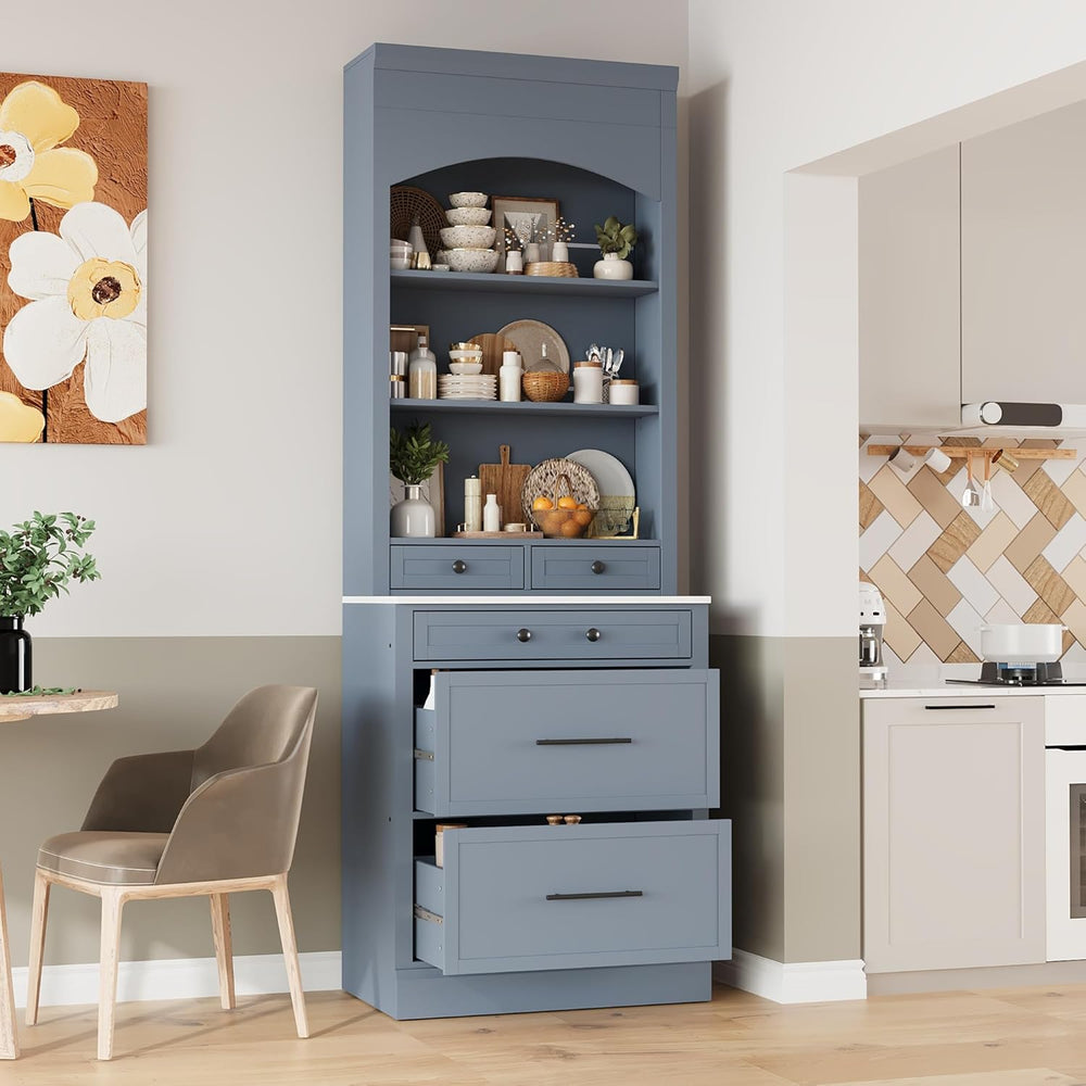 83" Tall Kitchen Pantry Storage Cabinet with Faux Marble Top, Modern Cre...
