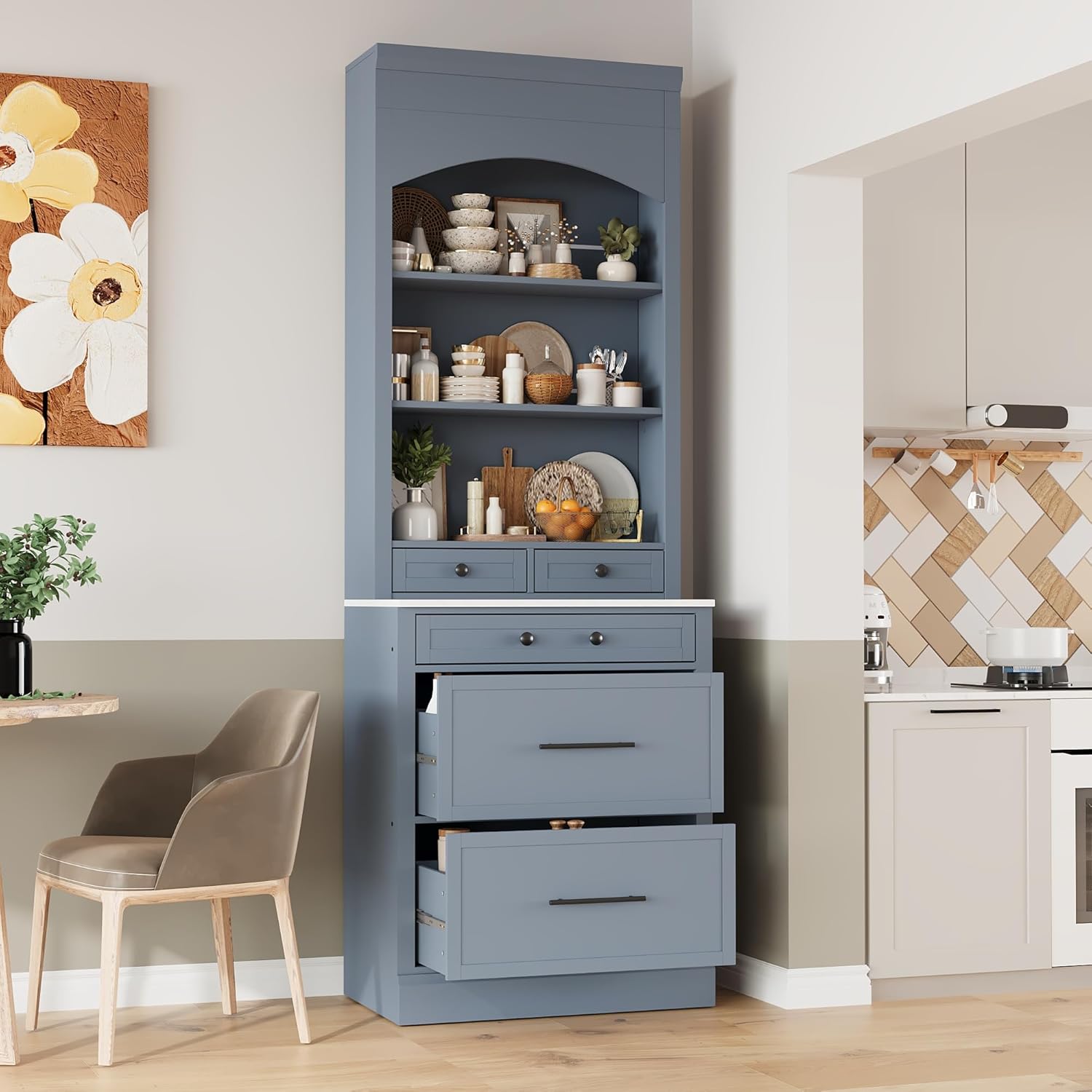 83.7inch High Kitchen Pantry, Freestanding Tall Kitchen Hutch with Faux Marble Top, Cupboard Cabinet with 5 Storage Drawers and Adjustable Shelf, Set of 2, Gray