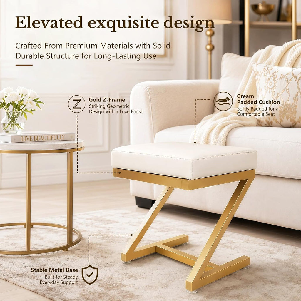 Makeup Vanity Stool Chair - Small Leather Upholstered Ottoman with Cushioned Seat and Metal Z-Frame for Vanity Desk, Bathroom, Bedroom and Dressing Room, Gold