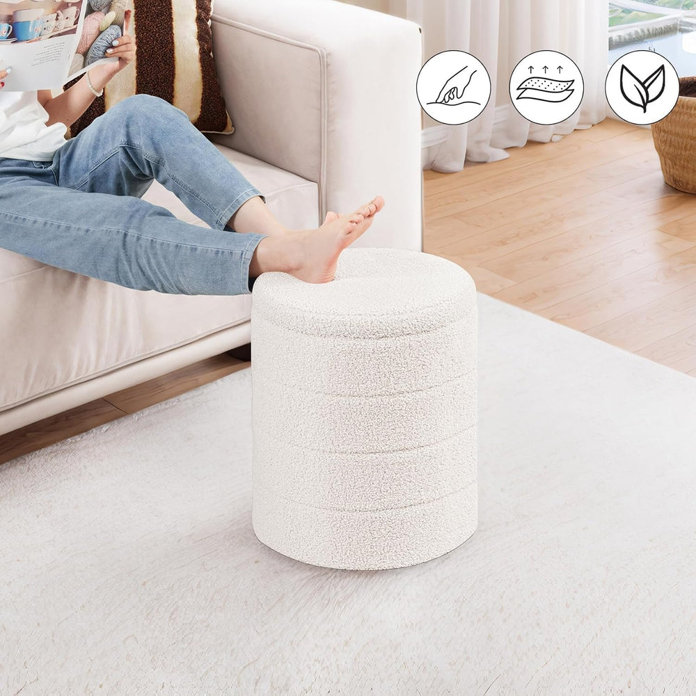 PINPLUS Round Storage Ottoman Foot Rest Stool with Tray Velvet Sherpa Folding...