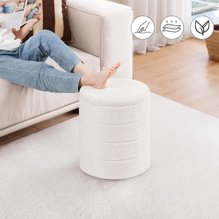 PINPLUS Round Storage Ottoman Foot Rest Stool with Tray Velvet Sherpa Folding Storage Ottoman,Boucle Foot Rest for Living Room, Bedroom, Dorm（Cream White）