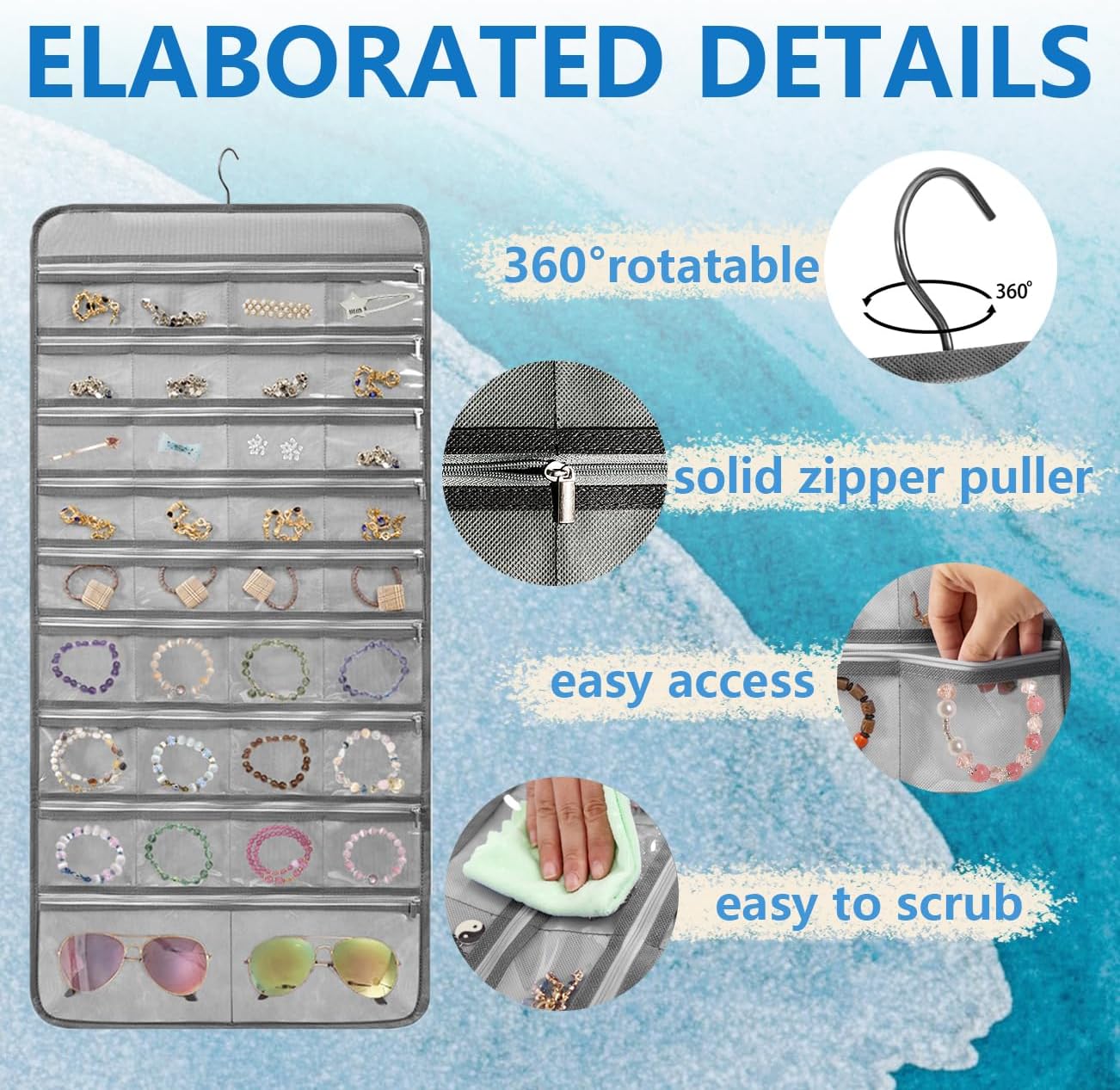 Travel Jewelry Organizer Dual Sided Hanging Earring Holder Bracelet Storage Rolls Rings Display Case with 68 Zippered Pockets (GREY)