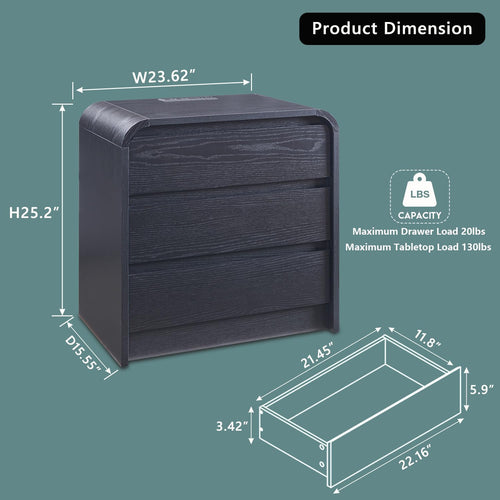 25" Tall Modern Nightstand with Charging Station, 23.6'' Wide Wood Bedside Table w/3 Storage Drawers, Small Dresser w/Curved Profile Design, End Table for Bedroom, Black