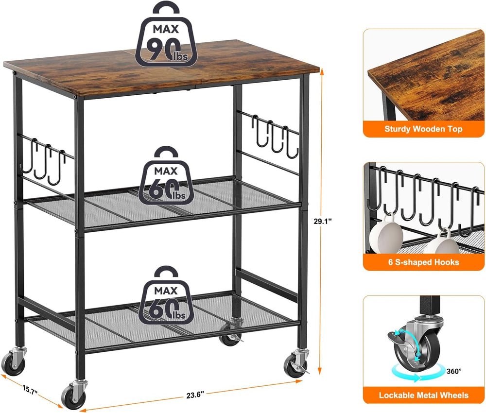 NTE Rolling Kitchen Microwave Cart, 3 Tier Microwave Stand with Storage, Smal...