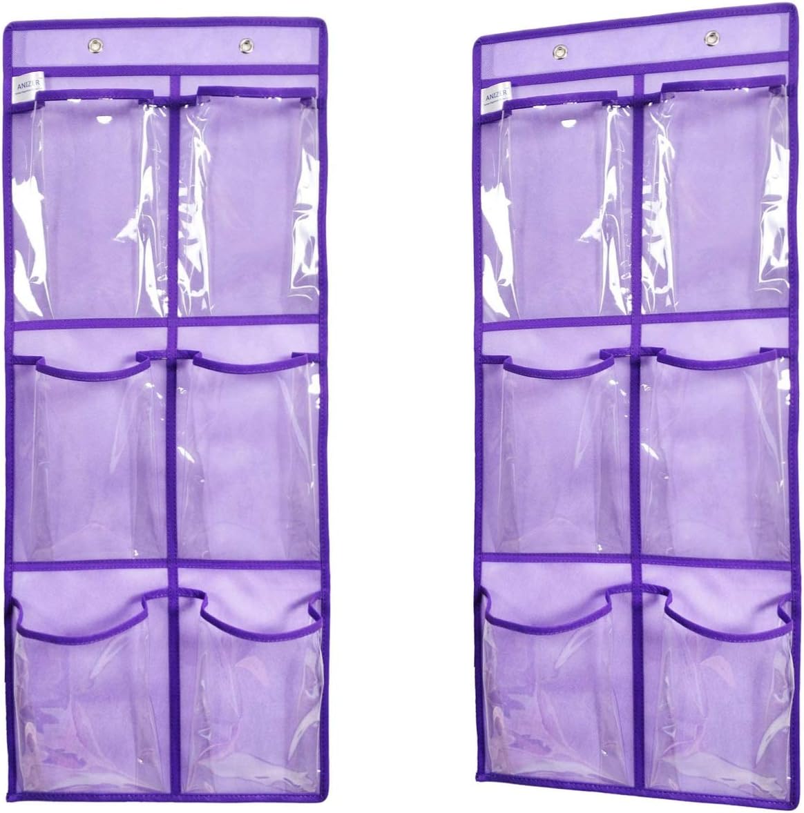 Over The Door Hanging Shoe Organizer Narrow Closet Door Shoe Storage 6 Large Clear Pockets Chart 2 Pack (PURPLE)