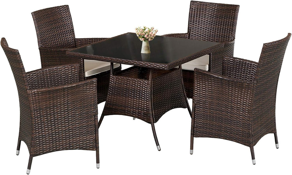 5-Piece Patio Furniture Outdoor Wicker Dining Set Table and 4 Chairs, Square ...
