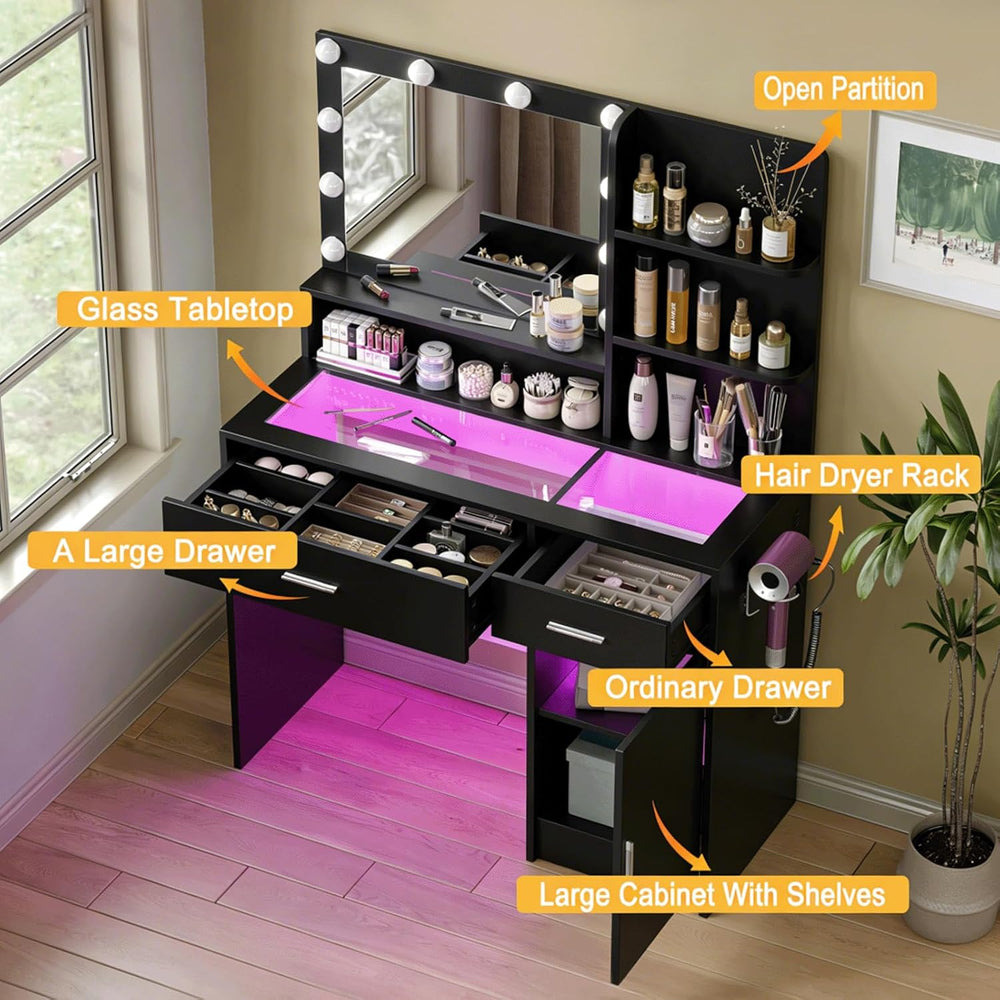 Vanity Desk with Mirror & 10 Lights,Modern Makeup Desk with 2 Drawers,3 L...
