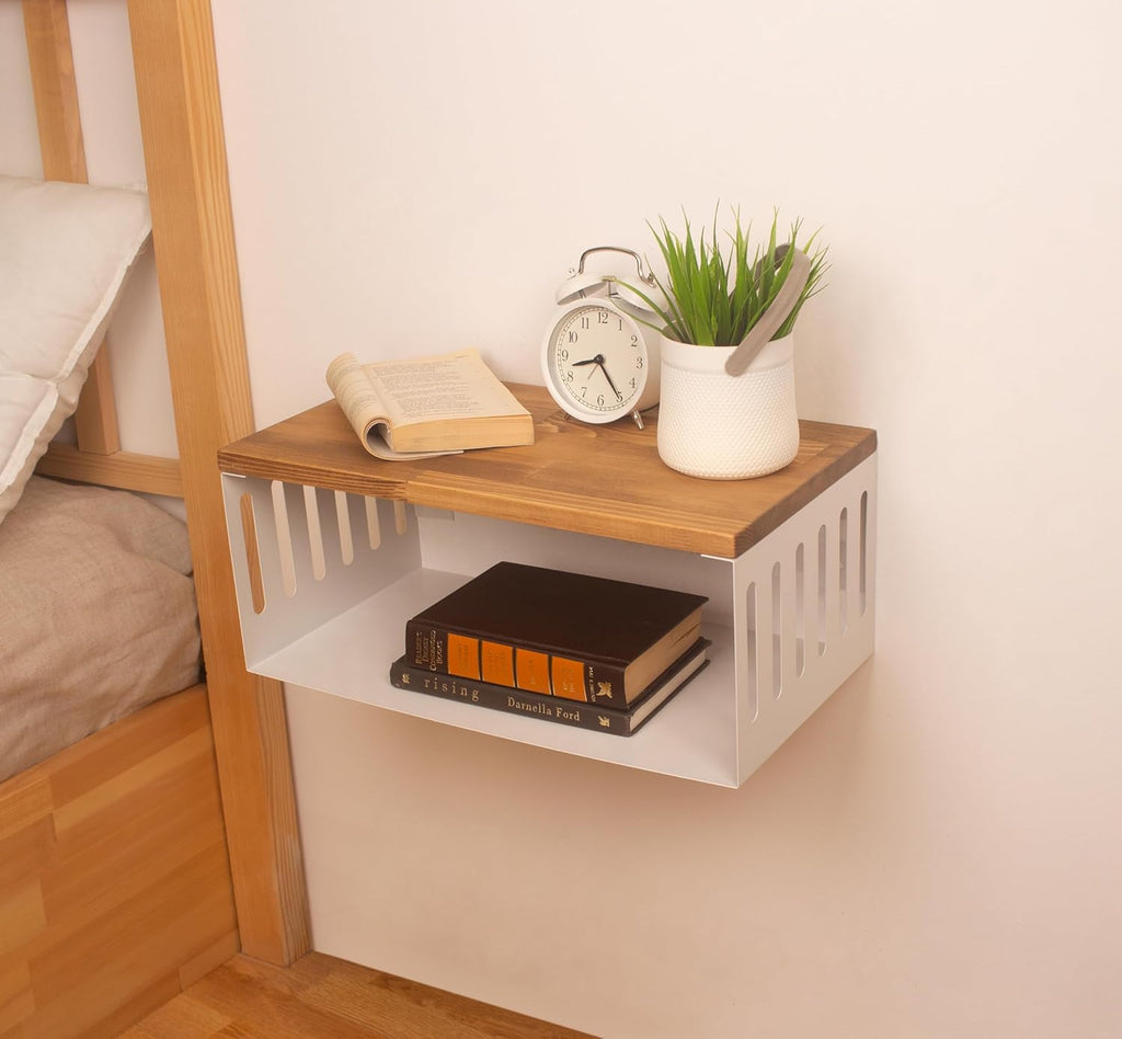 Floating Nightstand with White Metal Base, Wooden Top and Sturdy Metal Base, Minimalist Bedside Table, Wall Mounted Shelf, Bedside Shelf (Capetown)