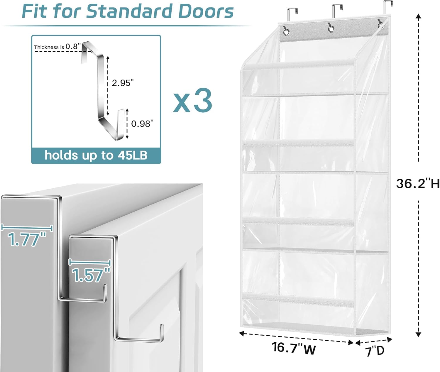 AOODA Clear Over the Door Hat Racks for Baseball Caps, Hold 48 Caps Hat Storage Organizer for Closet Wall, Deep Pockets Hanging Snapback Holder Shelves with 3 Hooks, White