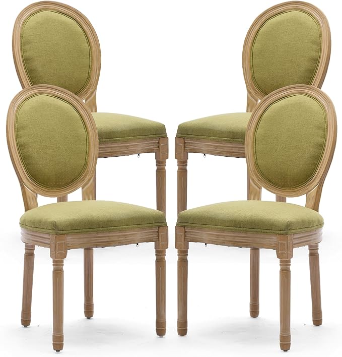 Linen Upholstered Dining Chairs Set of 4 French Country Oval Fabric Back Kitchen Side Chair with Wood Legs for Dining Room, Kitchen, Restaurant(Olive Green-Fabric)