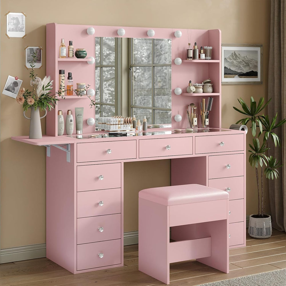 FUSOU Vanity Desk with Power Outlet, 11 Drawers Makeup Vanity with Lighted Mi...