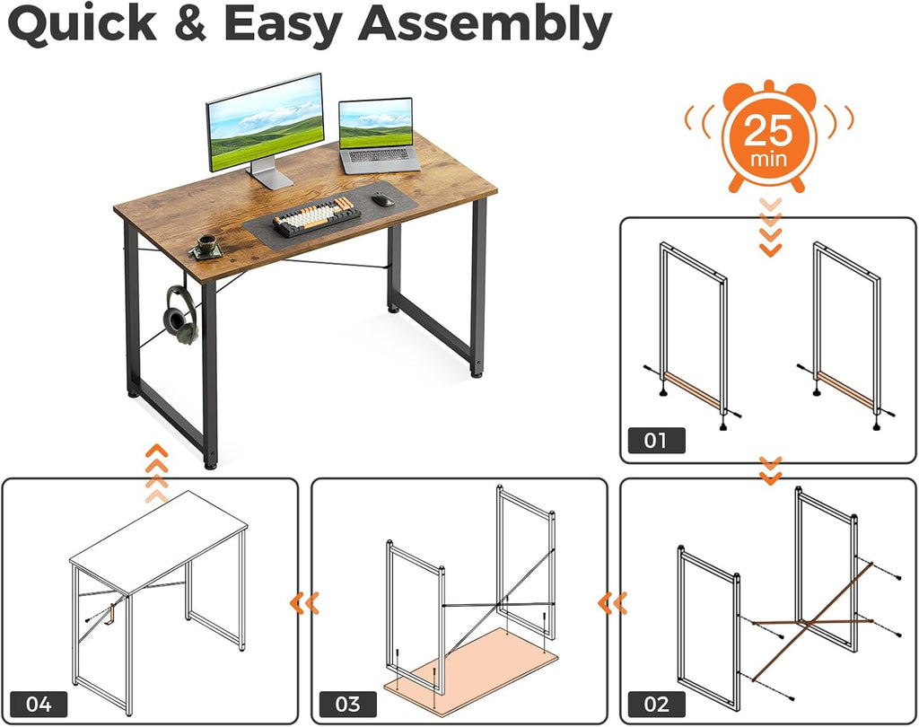 Casaottima 40 Inch Small Computer Desk for Home Office, Study Writing Table for Small Spaces, Simple Modern Desk with Headphone Hooks, Vintage