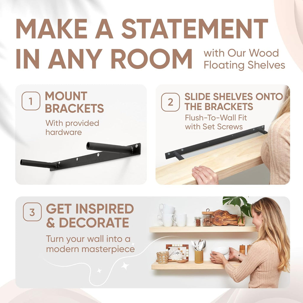 Homeforia 36 inch Wood Floating Shelves, High End Solid Natural Wood 36inch Large Floating Shelf Bathroom, Unfinished Wooden Floating Shelves for Wall, Heavy Duty Bracket, 36 X 6.5 X 1.75 in, Set of 3