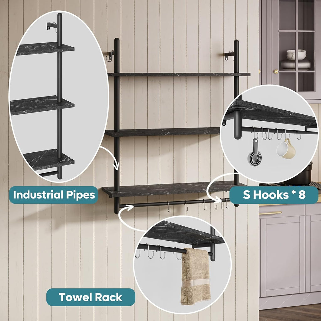 Bestier Floating Pipe Shelving, 31.5" Floating Kitchen Shelves Wall Mounted, 3 Tier Coffee Bar Shelf Ladder Bookshelf with Towel Bar Hooks for Kitchen Living Room Bathroom Bedroom, Black Marble