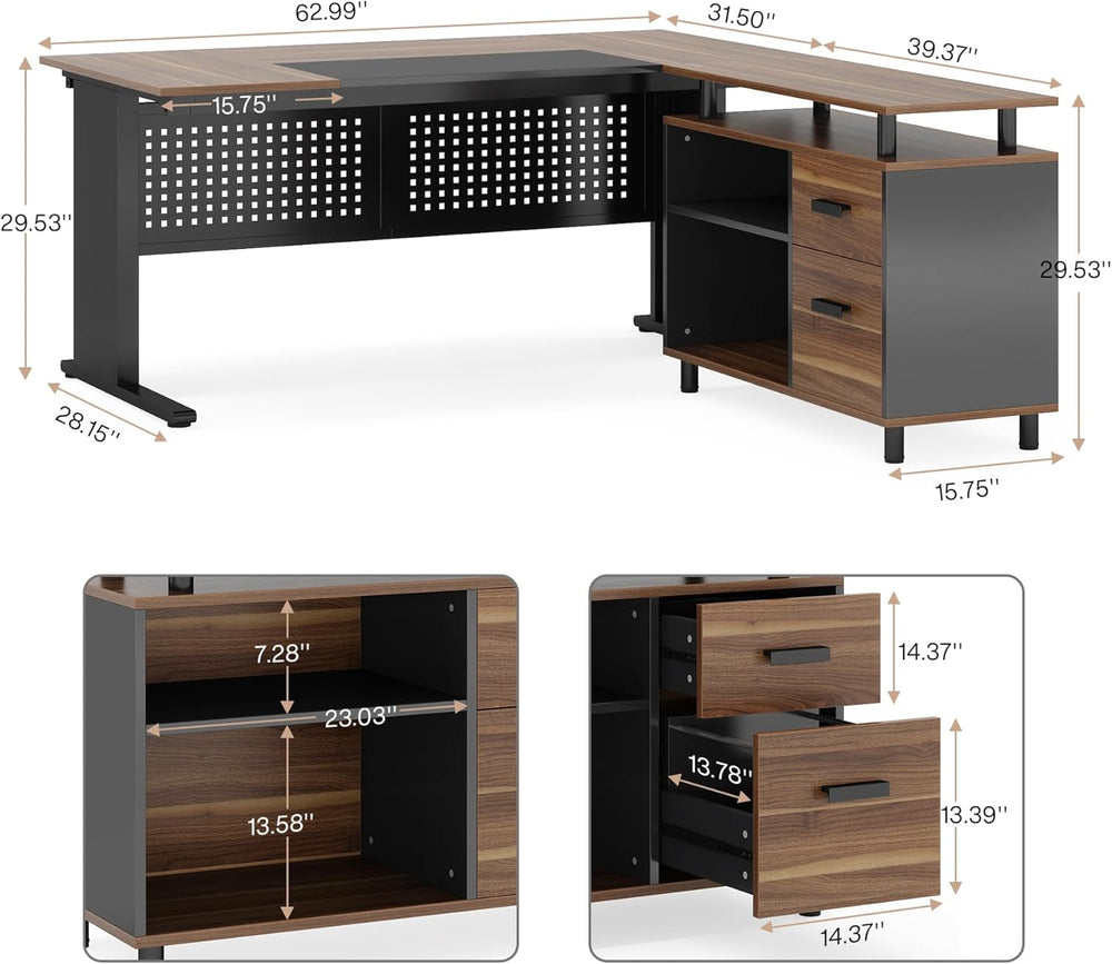 Tribesigns 63 Inch Executive Desk with Filing Cabinet, L Shaped Office Desk |...