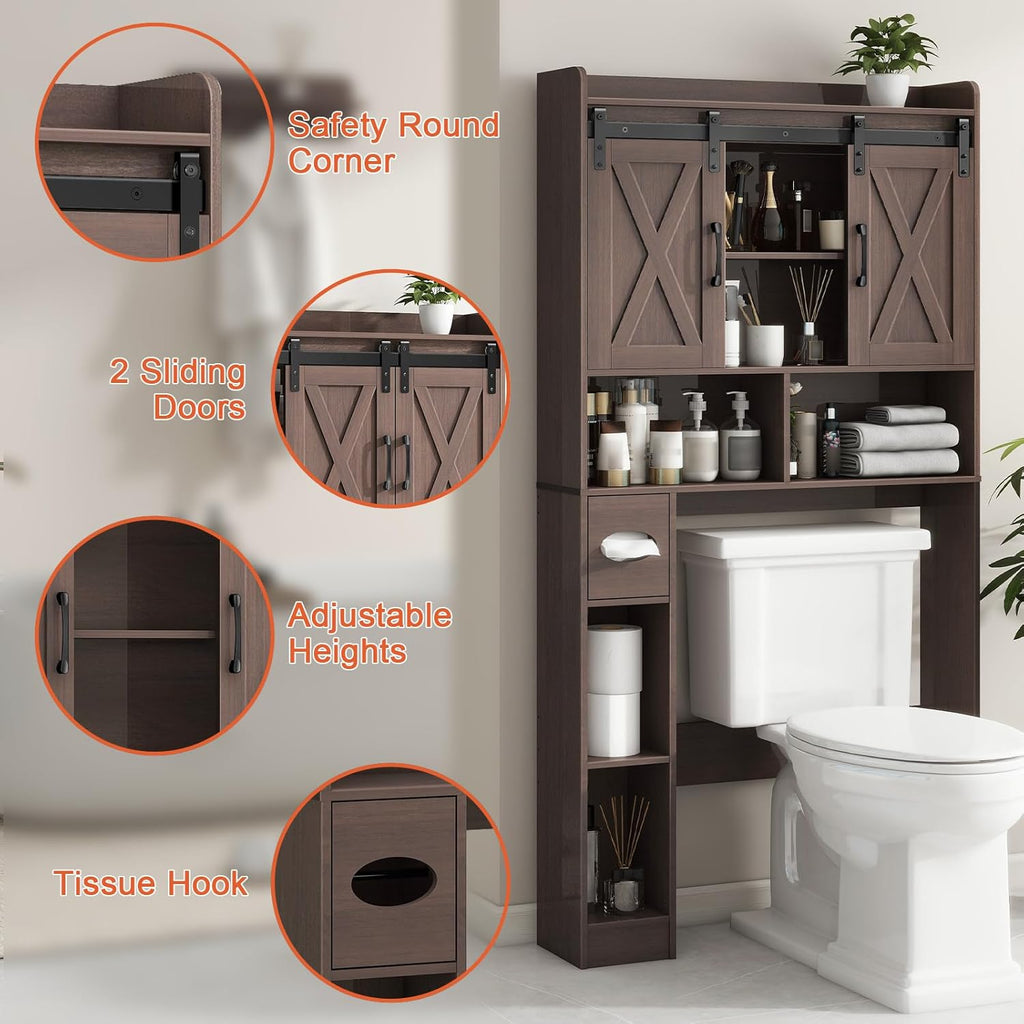 Vabches Over The Toilet Storage Cabinet, Farmhouse Storage Cabinet Over Toilet with Sliding Doors & Toilet Paper Holder Stand，Home Space-Saving Toilet Rack, for Bathroom, Laundry and Restroom