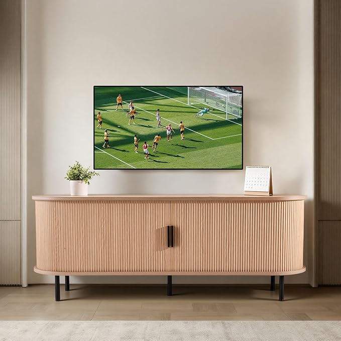 VEVOR Fluted TV Stand for TVs up to 65 inch, Mid-Century Modern Entertainment Center, Media Console with Storage Cabinet and Sliding Tambour Door, Boho Television Stand for Living Room, Bedroom, Oak