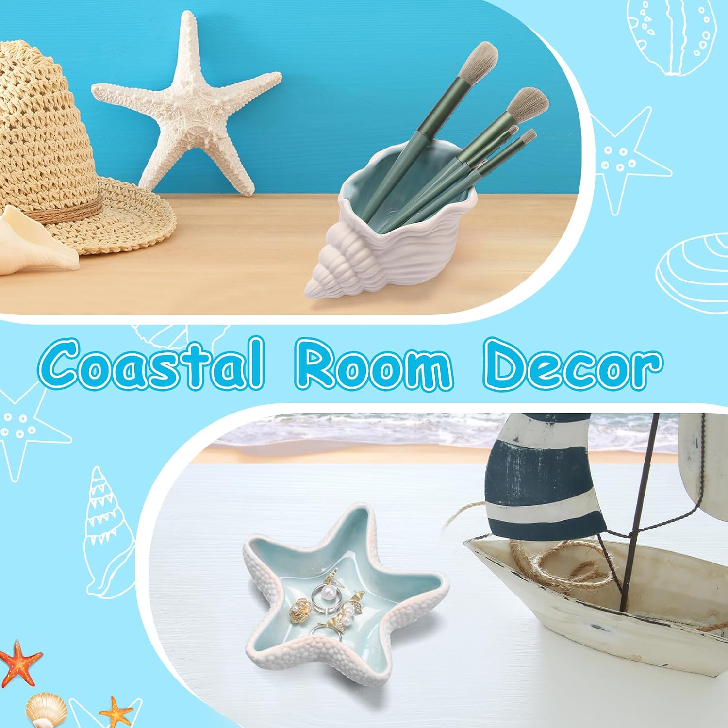 Jewelry Dish Tray For Coastal Beach Room Decor,Cute Ceramic Ring Holder Gift For Women Sister Mom Friend ,Decorative Trinket Jewelry Organizer Tray For Rings Earrings Necklaces ets (Blue conch)
