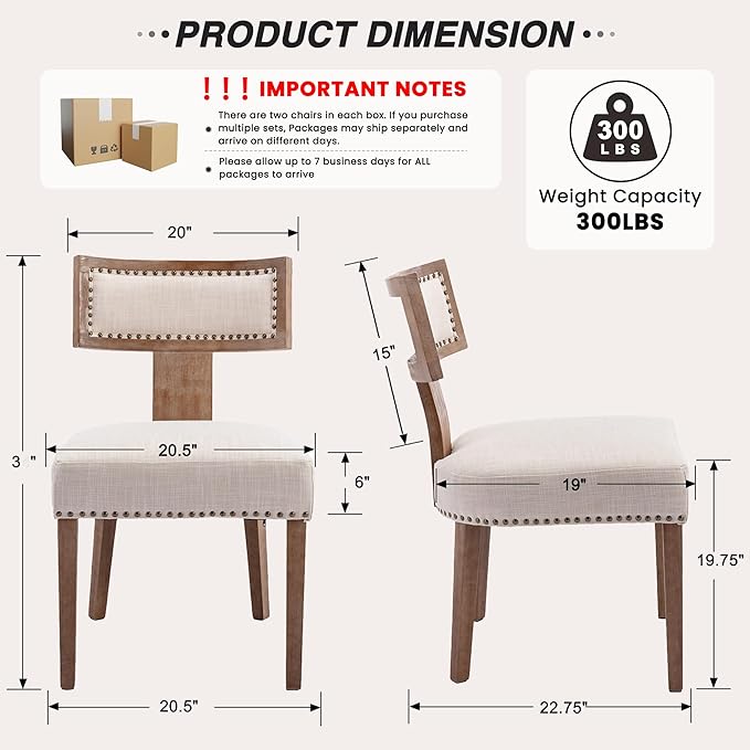 HNY Mid Century Modern Dining Chairs Set of 6, Farmhouse Linen Fabric Upholstered Accent Chairs Curved Nailhead Trim Backrest Kitchen Chairs, with Hardwood Frame, Beige