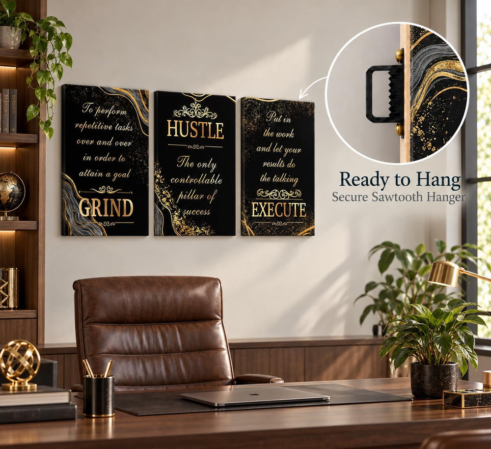 3 Pcs Black Gold Inspirational Office Canvas Wall Art 12x16in