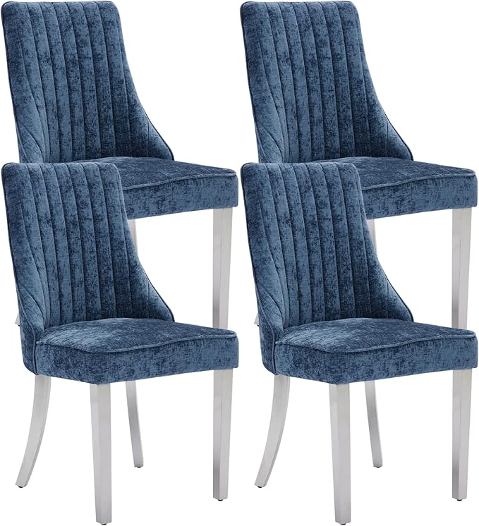Dining Chairs Set of 4，Modern Channel Tufted Upholstered Dining Chairs with Silver Stainless Steel Legs, Comfortable Chenille Fabric Kitchen Chairs for Dining Room (Blue, 4pc)