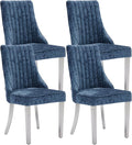 Dining Chairs Set of 4，Modern Channel Tufted Upholstered Dining Chairs with Silver Stainless Steel Legs, Comfortable Chenille Fabric Kitchen Chairs for Dining Room (Blue, 4pc)