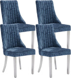 Dining Chairs Set of 4，Modern Channel Tufted Upholstered Dining Chairs with Silver Stainless Steel Legs, Comfortable Chenille Fabric Kitchen Chairs for Dining Room (Blue, 4pc)