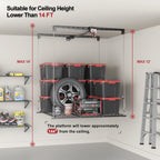 Overhead Garage Storage Rack for 12–14 FT Ceiling, Heavy-duty 4x4 FT Ceiling Storage Racks with Safety Lock, Ideal for Garage Storage Mounted Lift System and Storage Organizer, 250lbs Capacity