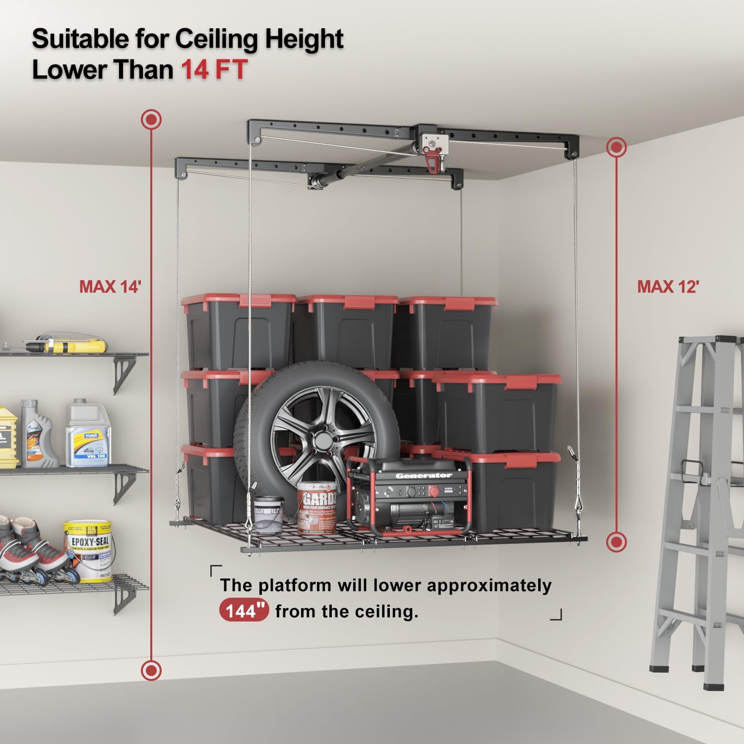 Overhead Garage Storage Rack for 12–14 FT Ceiling, Heavy-duty 4x4 FT Ceiling Storage Racks with Safety Lock, Ideal for Garage Storage Mounted Lift System and Storage Organizer, 250lbs Capacity