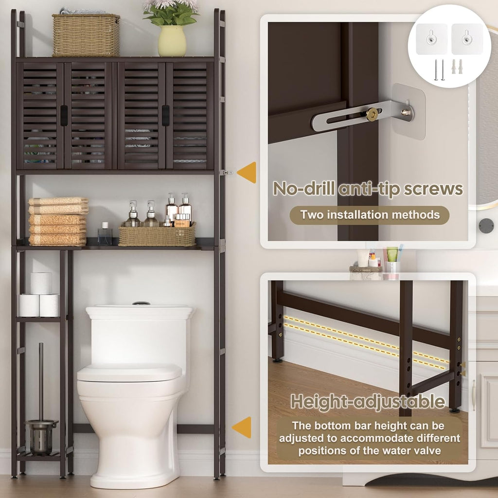 Over The Toilet Storage Cabinet with Paper Holder Stand,Bamboo Bathroom Organizer Shelf with Four Door and Waterproof Feet Pad,Space Saver Rack with Anti-Tip Design (Brown)