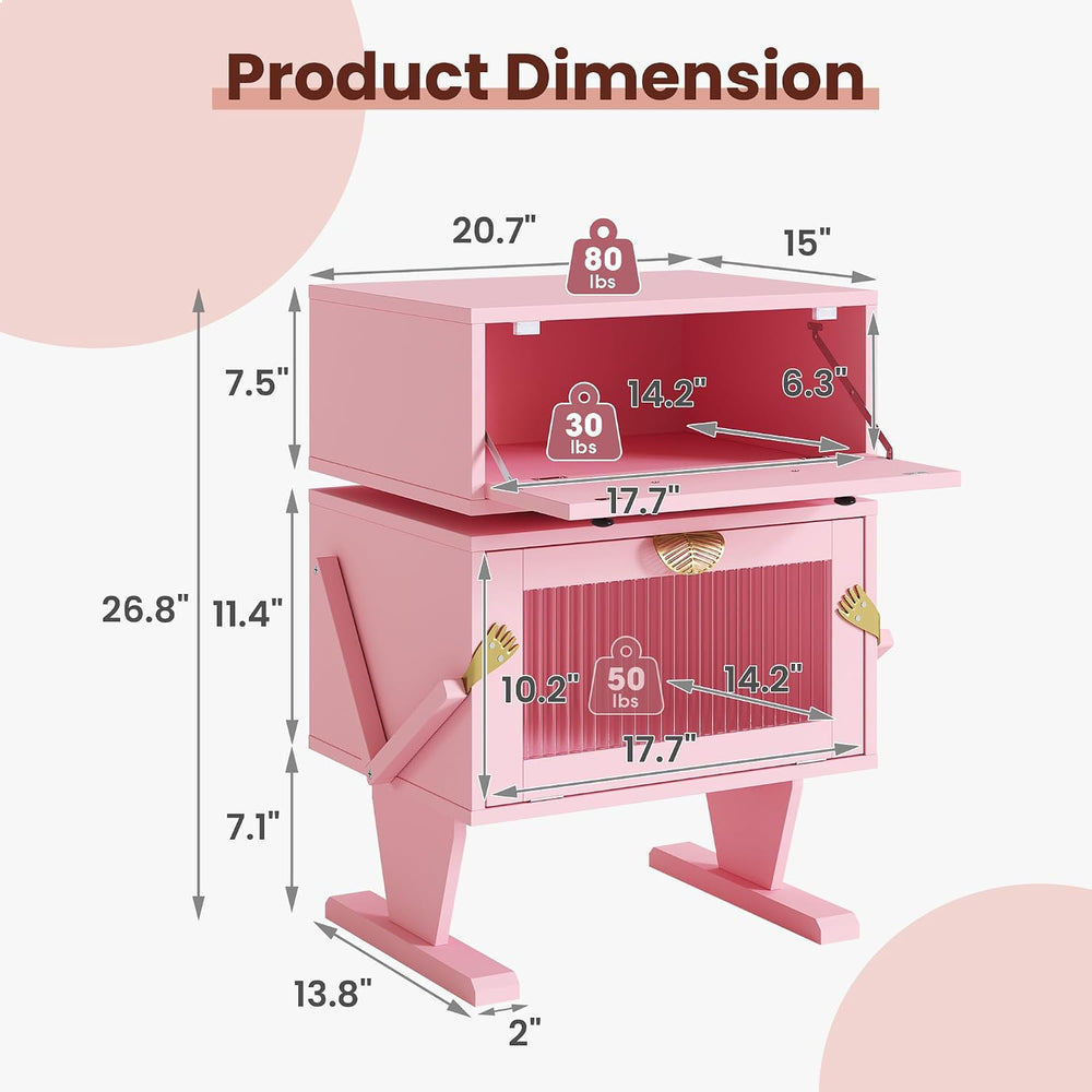 RoyalCraft Nightstand with LED Light Strips, Pink End Table for Bedroom | Mod...