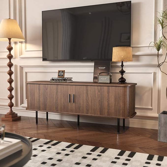 55''W Modern TV Stand Cabinet with Storage for TVs up to 60 Inch, Fluted TV Entertainment Center with Slatted Tambour Doors, Media Console for Living Room, Entryway, Walnut