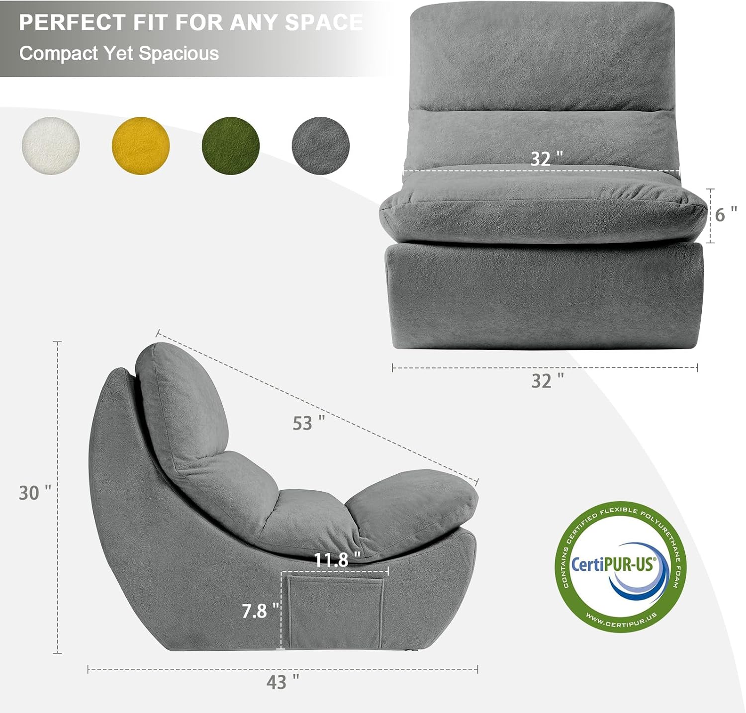 Set of 2 Giant Bean Bag Chairs for Adults, Boneless Lounge Chair, Togo Sofa, Fireside Chair, Anti Cat Scratch Fabric with Machine Washable, Single Sofa for Bedroom, Living Room, Reading Corner (Grey)