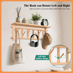 Coat Rack Wall-Mounted with Shelf Coat Hooks Wall Mount with Shelf Entryway Hanging Shelves with 6 Rotating Hooks for Hallway/Living Room/Bedroom/Kitchen (Bamboo)