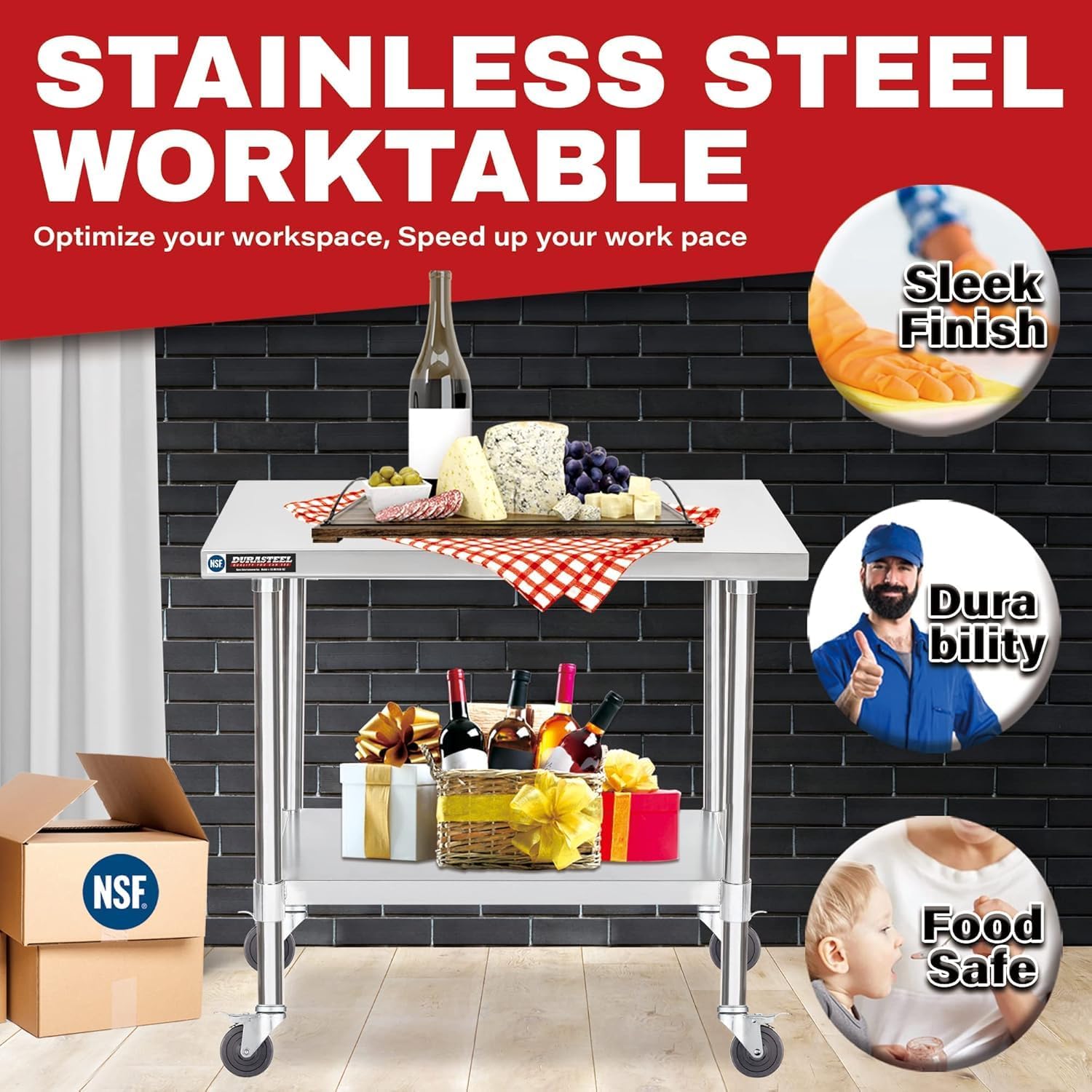 DuraSteel 24x36 NSF Stainless Steel Cart - Heavy Duty Rolling Food Prep Table with Undershelf - Metal Utility Cart for Commercial Restaurant Kitchen, Laundry, Outdoor Portable BBQ Grill
