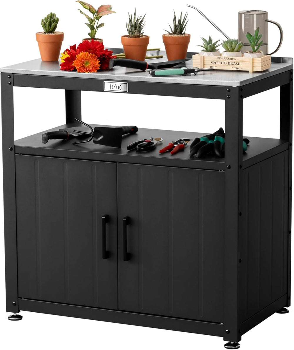 Garden Potting Bench with Storage Cabinet, Outdoor Gardening Table & Work...