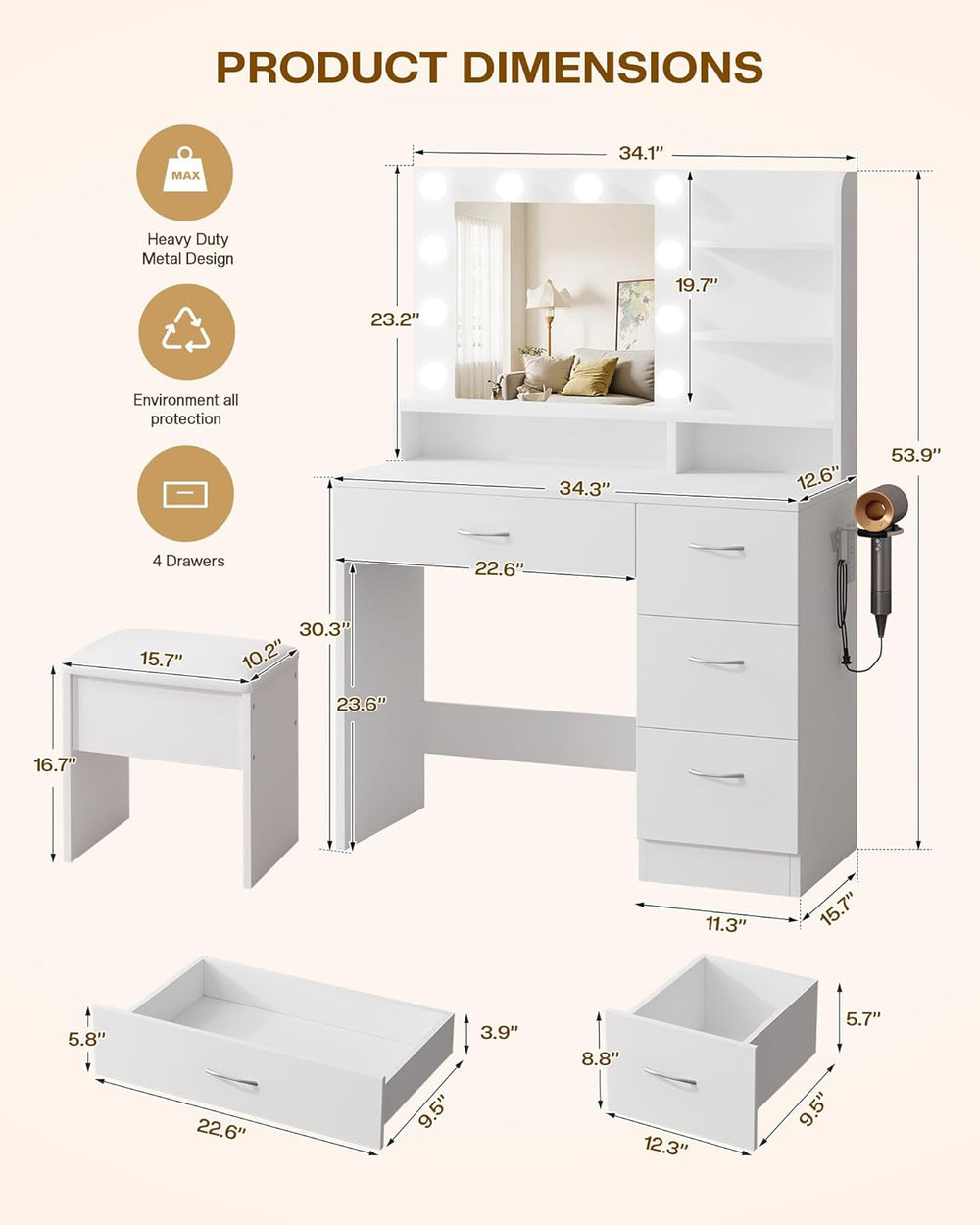 LIVELYGLOW White Makeup Vanity Desk with Charging Station & 4 Drawers | 1...