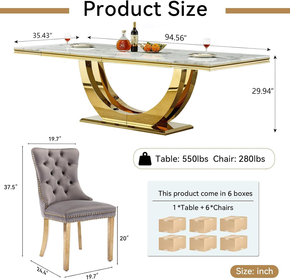 7 Piece Marble Dining Table Set for 6, 94 inch Large White Faux Marble Table ...