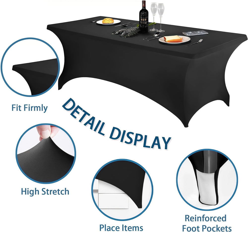 6FT Black Table Cloth - 8 Pack Fitted Stretch Rectangle Spandex Tablecloth, W...