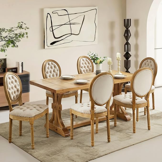 Upholstered Dining Chairs Set of 6 French Country Oval Fabric Back Kitchen Side Chair with Wood Legs for Dining Room, Kitchen, Restaurant(Beige-Velvet)