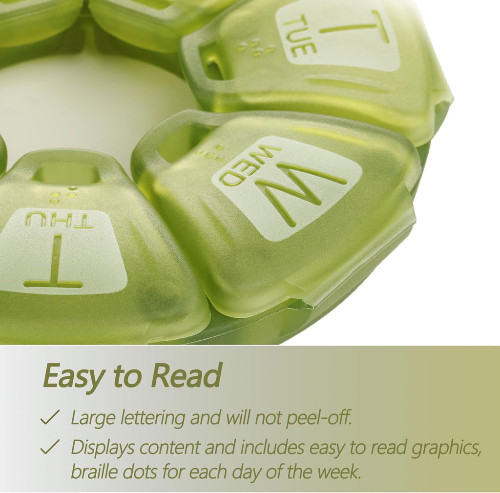 Round Weekly Pill Organizer, TPU Rubberized, Travel Pill Container 7 Day, with 7 Large Compartments, Great for Daily Vitamins & Supplements, Cute Pill Case with Large Letters and Braille (Olive)