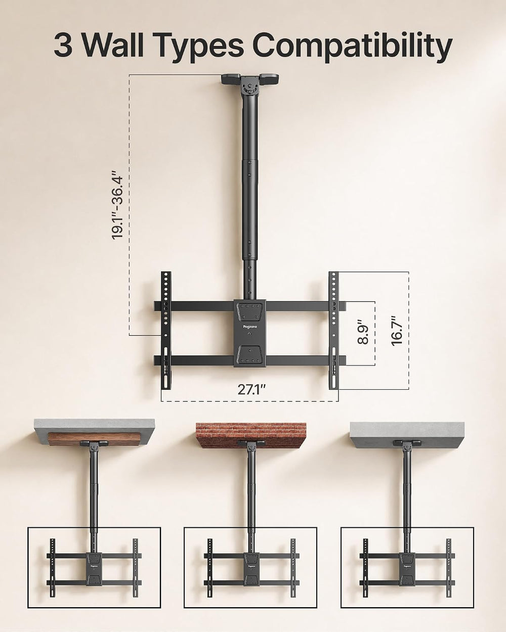 PEGZONE Ceiling TV Mount for 43-86 Inch TVs, 19.1"-36.4" Height Adj...