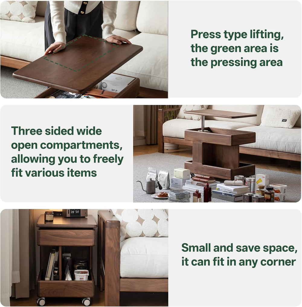 100% Solid Wood Lift Top End Table with Swivel Top, Sofa Couch Table with Whe...
