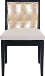 Rattan Dining Chairs Set of 2, Farmhouse Kitchen Chairs with Cane Back, Upholstered Dining Room Chairs Comfy Side Wood Chair for Living Room/Restaurant, Black Cream