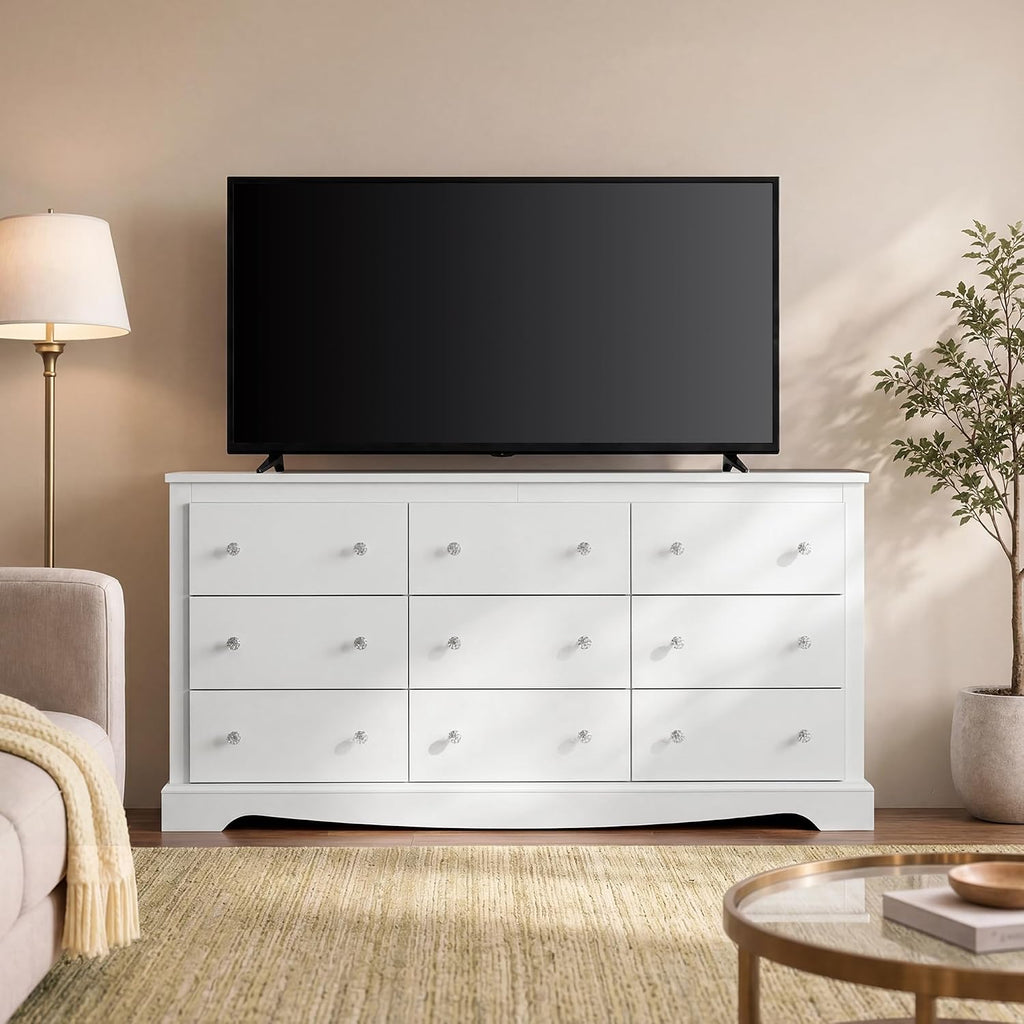 WLIVE 63" Dresser for Bedroom, Modern 9 Drawer Dresser with Exclusive Anti-Tip Structure, Large Wooden Chest of Drawers with Metal Handles for Living Room, Hallway, Closet, Home Furniture, White