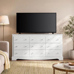 WLIVE 63" Dresser for Bedroom, Modern 9 Drawer Dresser with Exclusive Anti-Tip Structure, Large Wooden Chest of Drawers with Metal Handles for Living Room, Hallway, Closet, Home Furniture, White