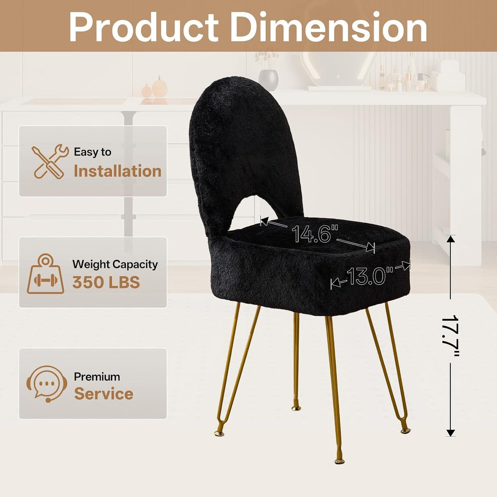 Gitrah Black Vanity Chair with Storage, Folding Back Faux Fur Vanity Stool, M...