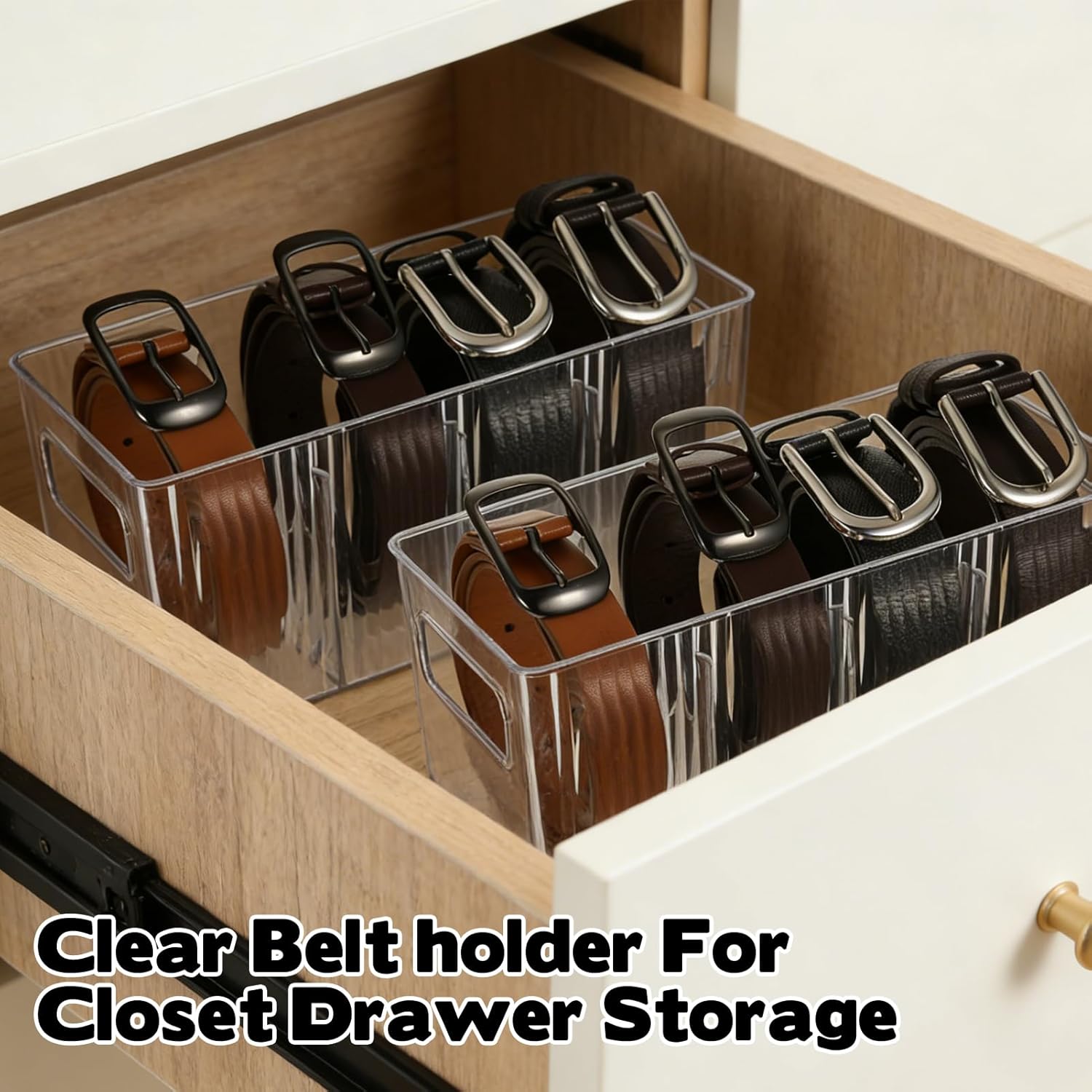3 Pack Acrylic Belt Organizer - with Adjustable 4 Compartments & Stackable Design, Clear Storage for Closet and Drawer Organization, Display Case Pantry Cabinet Organizers for Ties,Socks,Underwear